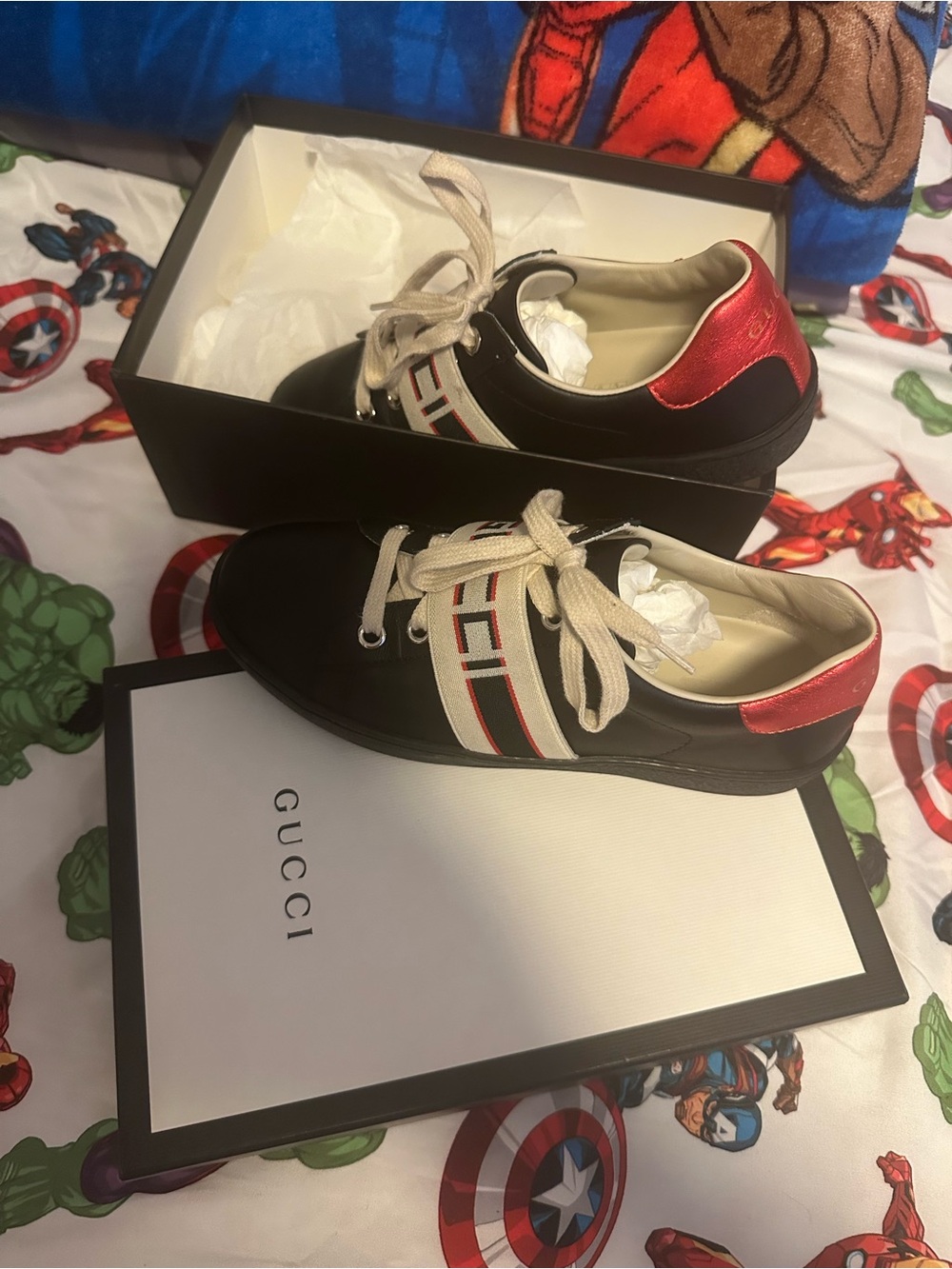 Gucci Kids Black Leather Sneakers with Red Heel and Ivory Web Stripe